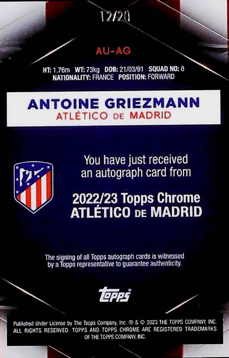 2023 ANTOINE GRIEZMANN TOPPS CHROME /20 ON CARD #AU-AG