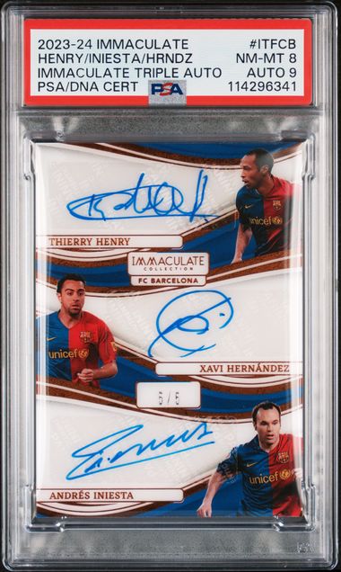 2023-24 PANINI IMMACULATE COLLECTION IMMACULATE TRIPLE AUTOGRAPHS #ITFCB HENRY/INIESTA/HERNNDZ