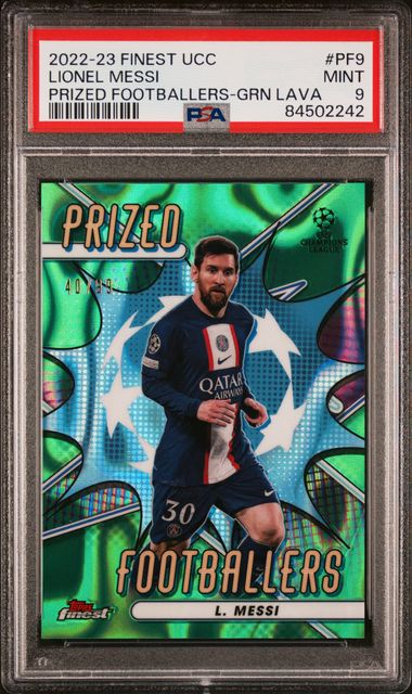 2022-23 TOPPS FINEST UEFA CLUB COMPETITIONS PRIZED FOOTBALLERS #PF9 LIONEL MESSI PRIZED FOOTBALLERS-GRN LAVA
