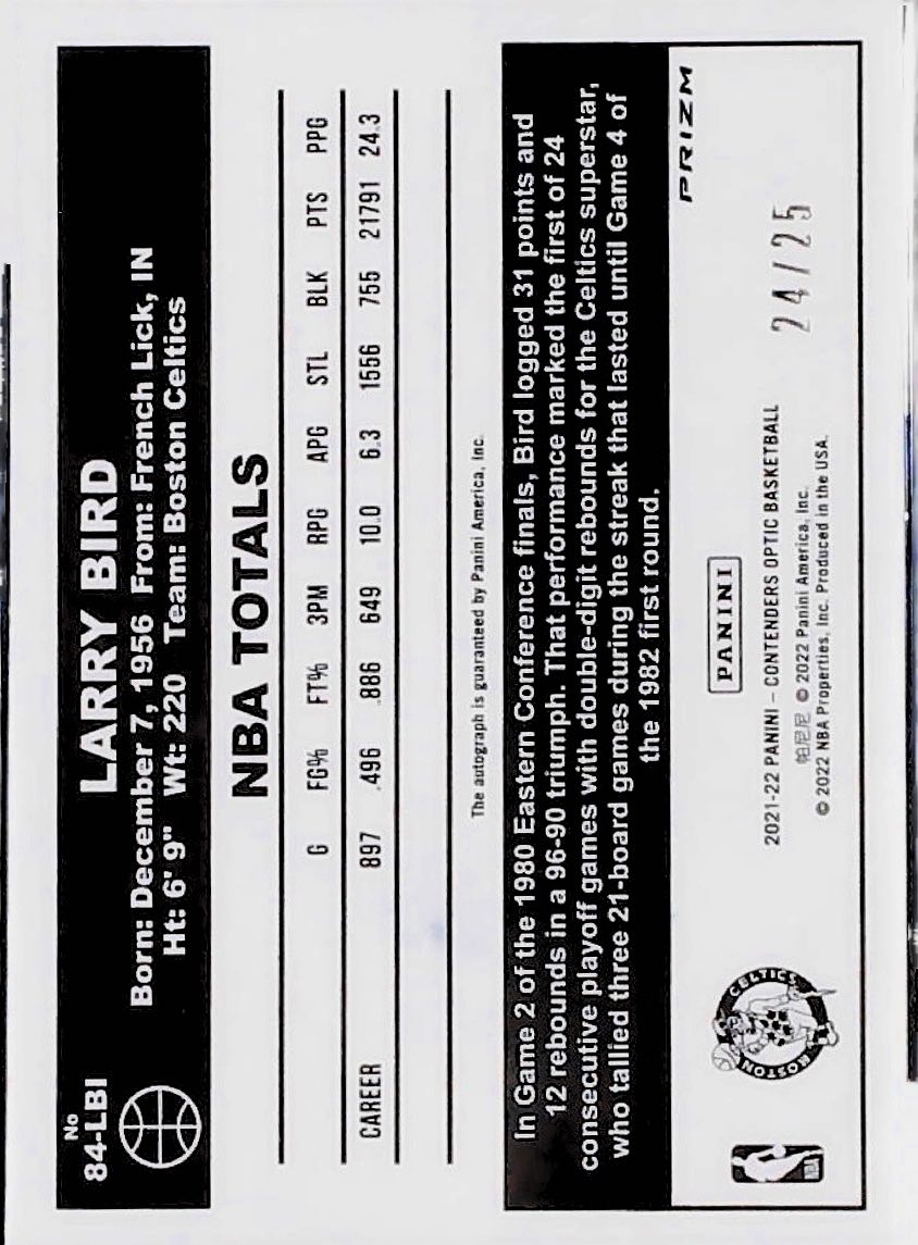 Larry Bird Optic Contenders Autógrafo /25