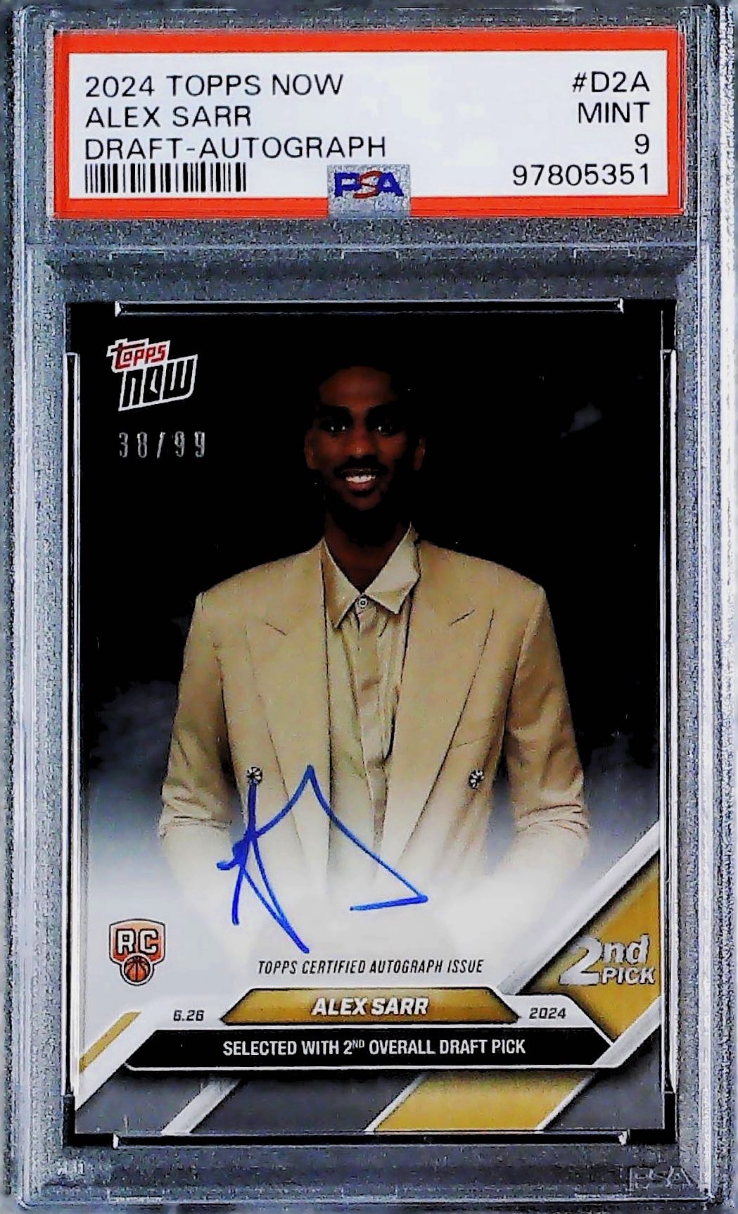 Alex Sarr Topps Now RC /99 Autógrafo PSA 9