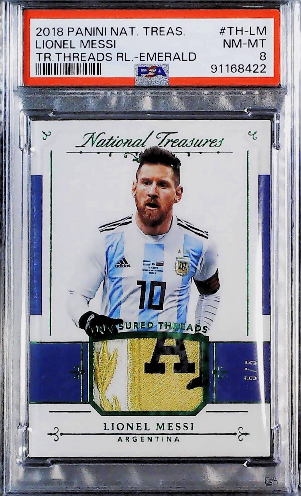 2018 PANINI NATIONAL TREASURES TREASURED THREADS RELICS #TH-LM LIONEL MESSI TR.THREADS RL.-EMERALD