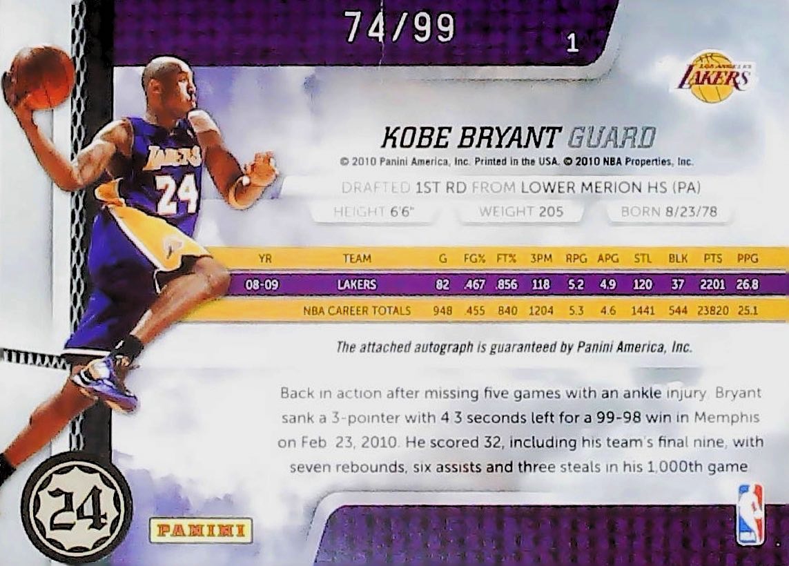 2010 KOBE BRYANT SPECTRUM AUTOGRAPH PN CARD /99 #1