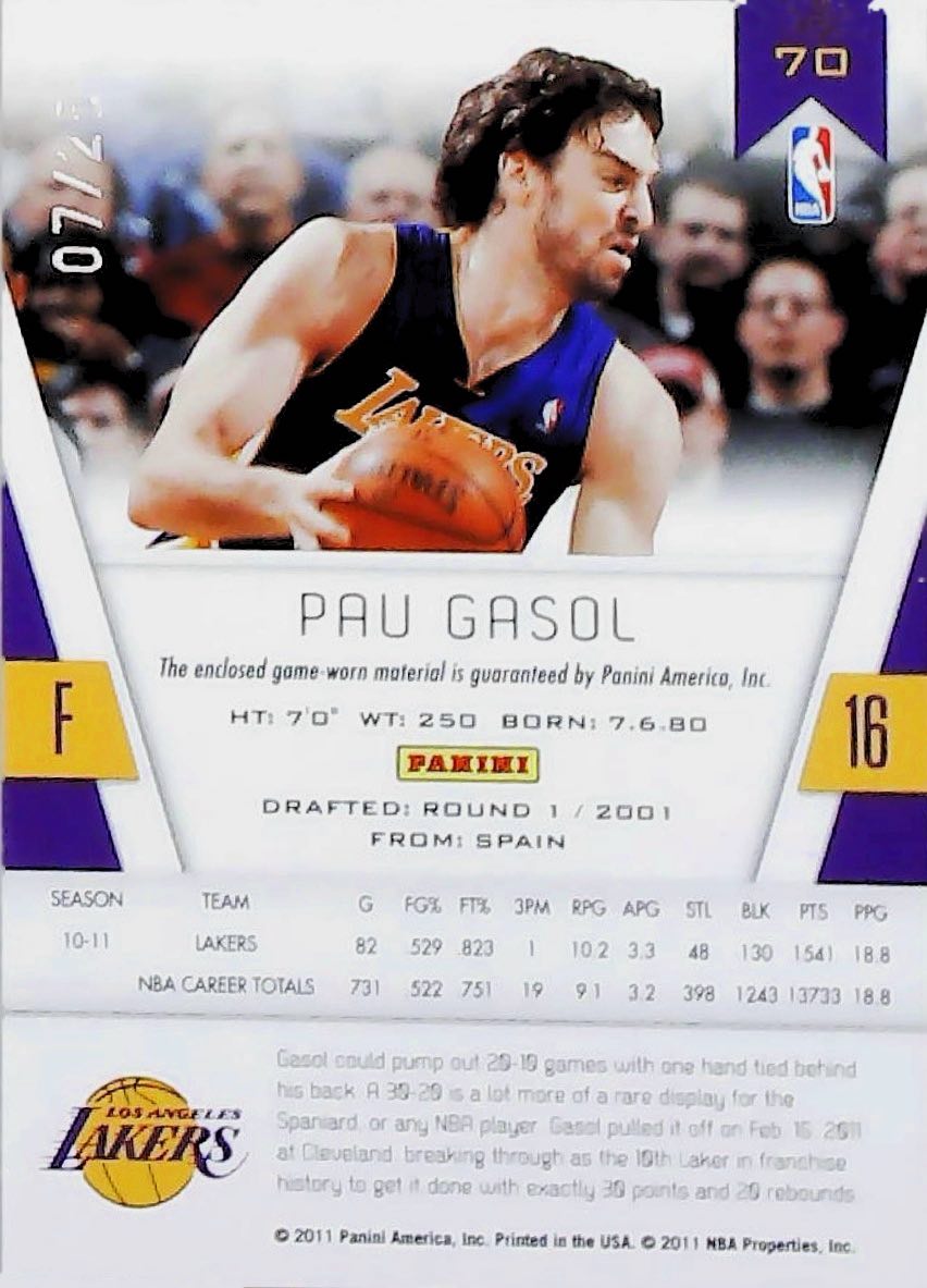 2010-11 PAU GASOL TOTALLY CERTIFIED /25 #70